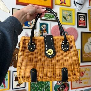 Vintage Wicker Handbag with Black Accents